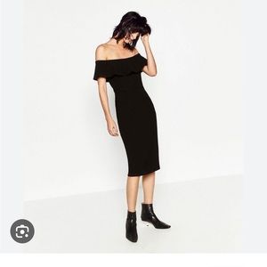 Zara off the shoulder ruffle neckline midi length dress.